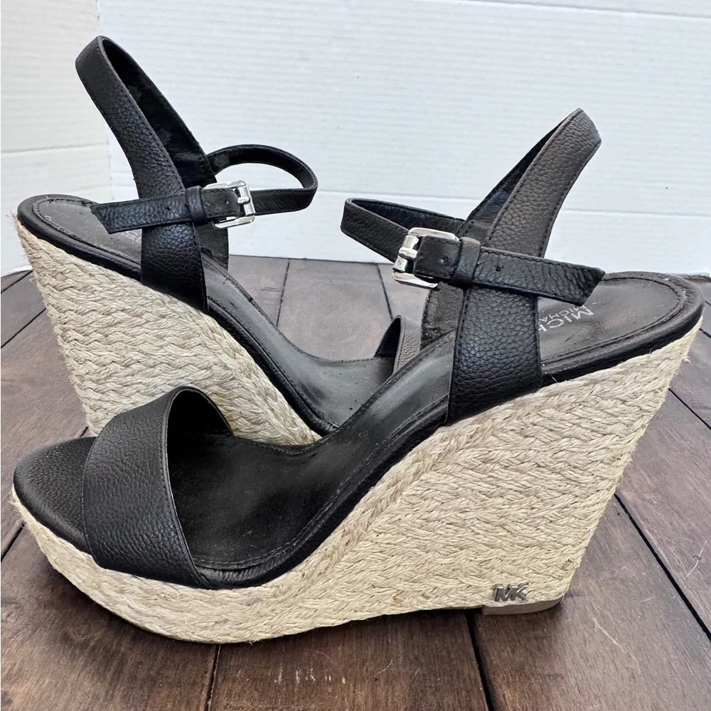 Michael Kors Womens Jill Black Leather Wedge Espadrille Sandals Shoes Size 8.5 M